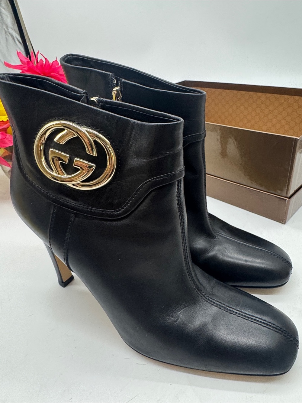 Gucci Black Leather Heeled Boosts Style 163306 with box Size 8.5 - Picture 8 of 15